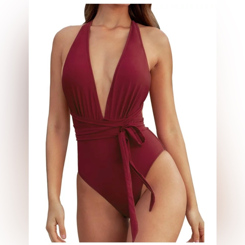 Deep V Neck Self Tied Belt Bathing Suit One Piece Swimsuit Size Medium N…